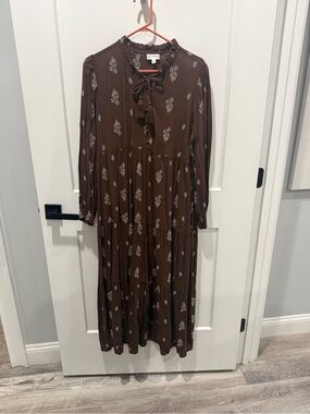 Wonderly Dress Boho Tiered Brown Floral Midi Dress with Tie Neck Large